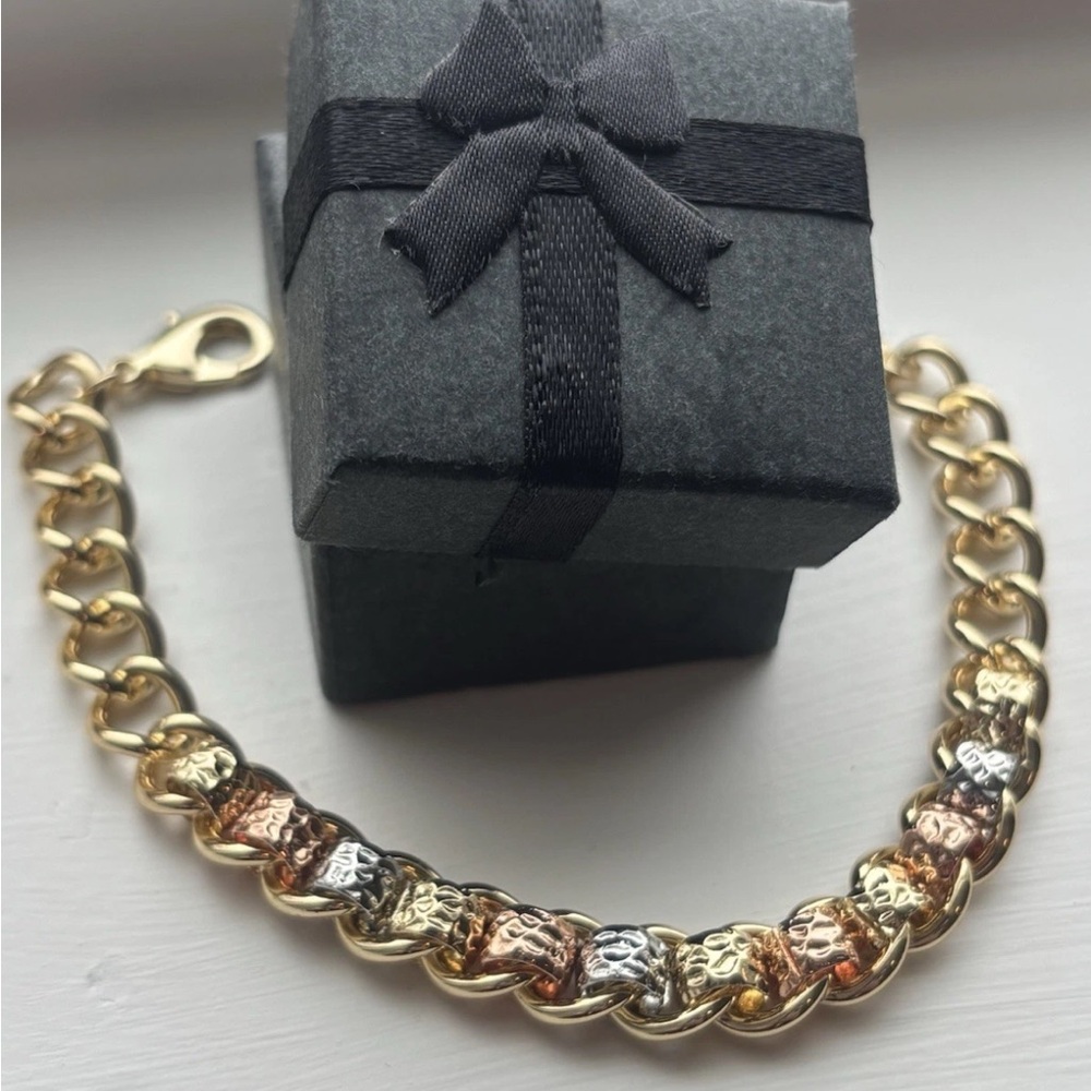 Gold Plated Chunky Chain Bracelet Mixed Metal Textured Links Statement Toggle - Picture 2 of 10